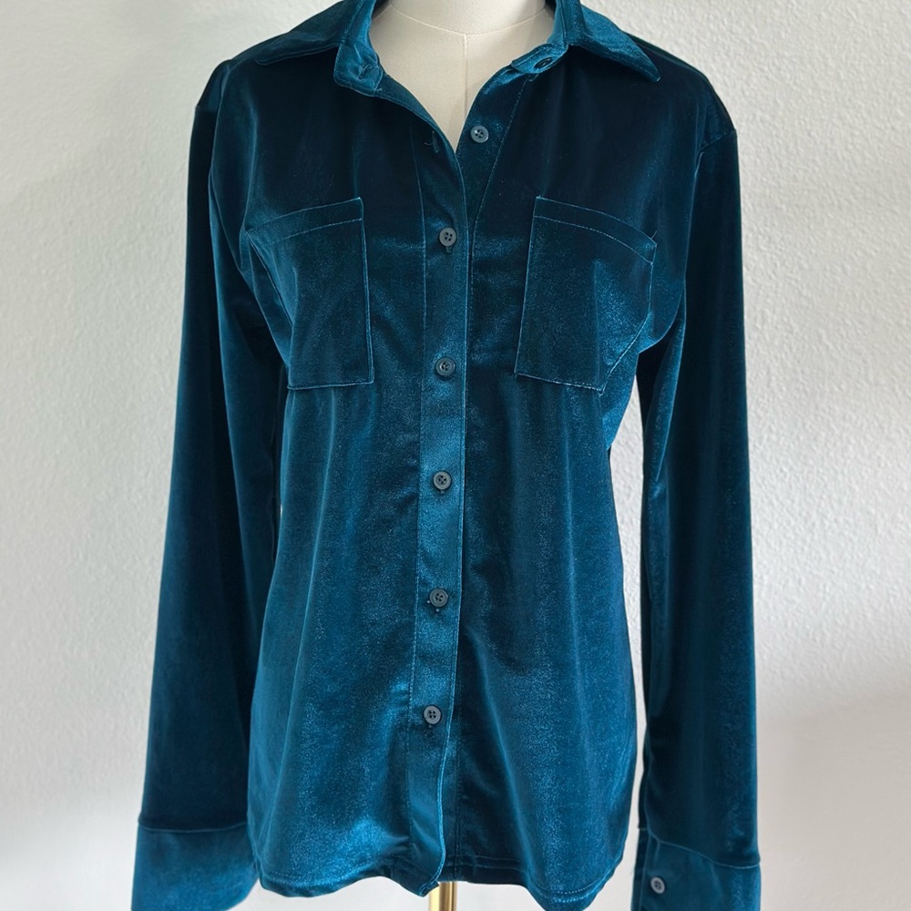 Teal Velvet Button-Up Shirt